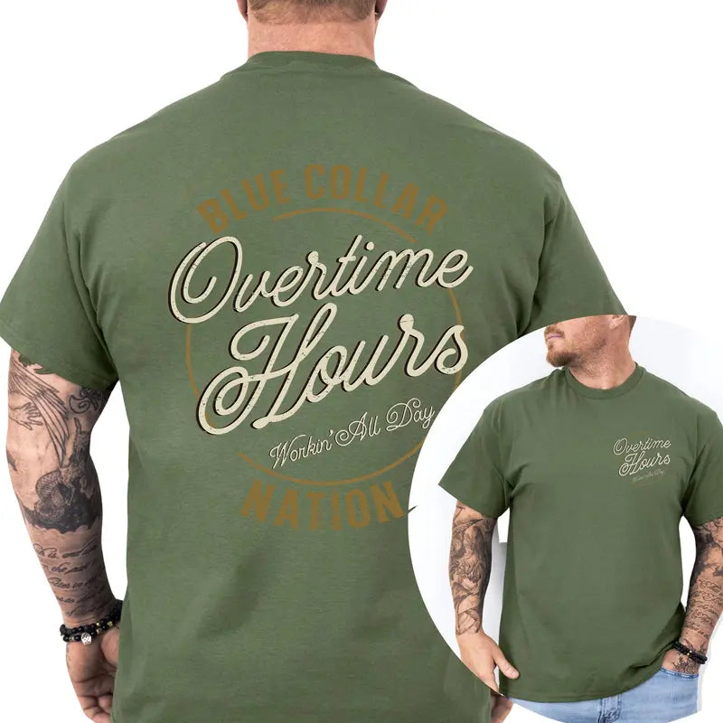 Blue Collar Overtime Hours Nation 2-Sides Graphics T-Shirt, Funny Graphics Shirt For Dad, Graphics Tee For Working, Men's Gifts, Casual Menswear, For Men