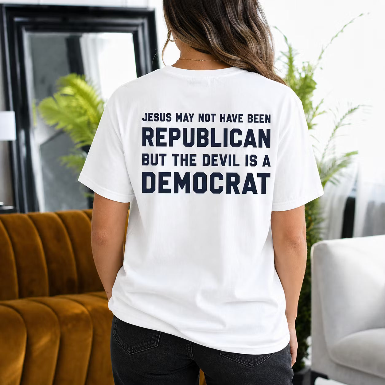 Graphic Shirt, Jesus May Not Have Been Republican but the Devil Is a Democrat Gift Unisex T-shirt/Crewneck/Hoodie