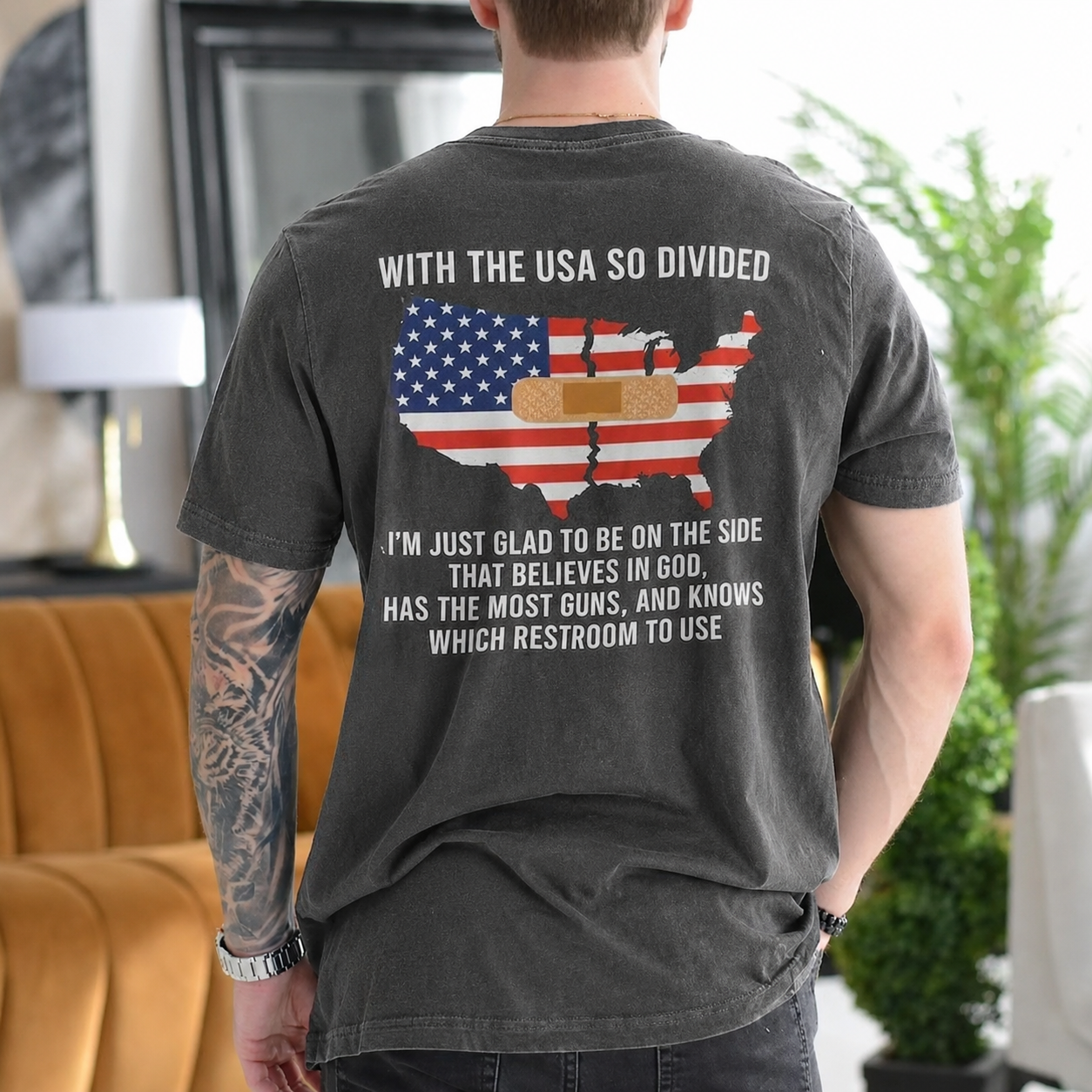 WITH THE USA SO DIVIDED I¡¯M JUST GLAD TO BE ON THE SIDE THAT BELIEVES IN GOD, HAS THE MOST GUNS, AND KNOWS WHICH RESTROOM TO USE Unisex T-shirt/Crewneck/Hoodie