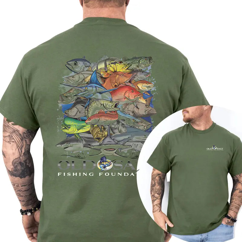 Old Salt Fish Frenzy 2-Sides T-Shirt, Fishing Graphics Shirt, Gifts For Fishing Lover, Men's Gifts, Casual Menswear, For Men