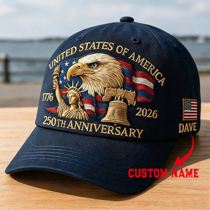 Personalized Vintage Embroidered Baseball Cap Celebrating the 250th Anniversary of the United States¡ªCustom Name and Flag