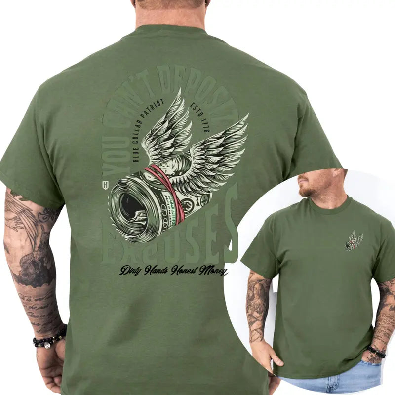 You Can't Deposit Excuses 2-Sides Graphics T-Shirt, Blue Collar Shirt, Working Graphics Tee, Men's Gifts, Casual Menswear, For Men