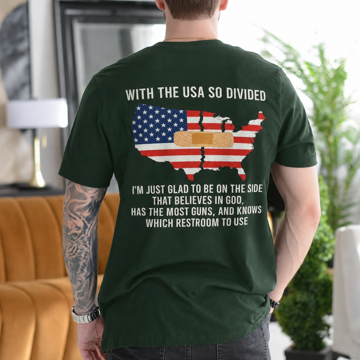 WITH THE USA SO DIVIDED  I¡¯M JUST GLAD TO BE ON THE SIDE THAT BELIEVES IN GOD, HAS THE MOST GUNS, AND KNOWS WHICH RESTROOM TO USE Unisex T-shirt/Crewneck/Hoodie