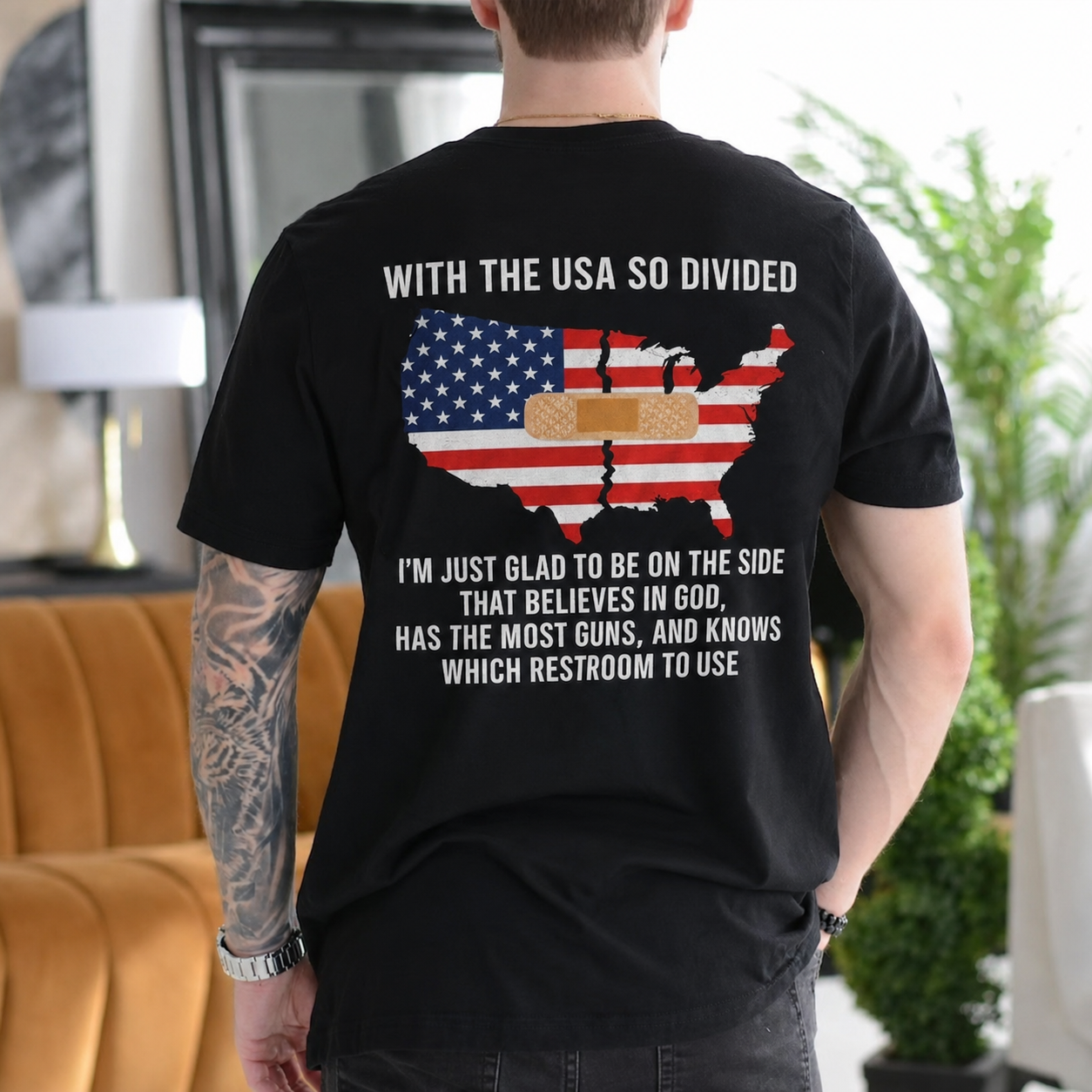 WITH THE USA SO DIVIDED  I¡¯M JUST GLAD TO BE ON THE SIDE THAT BELIEVES IN GOD, HAS THE MOST GUNS, AND KNOWS WHICH RESTROOM TO USE Unisex T-shirt/Crewneck/Hoodie